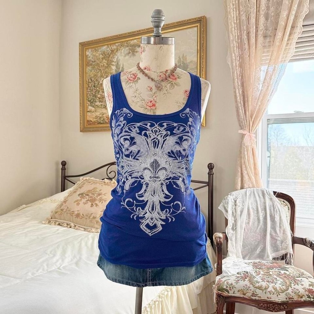 blue rhinestone mcbling tank  y2k zona libre blue graphic tank top size large